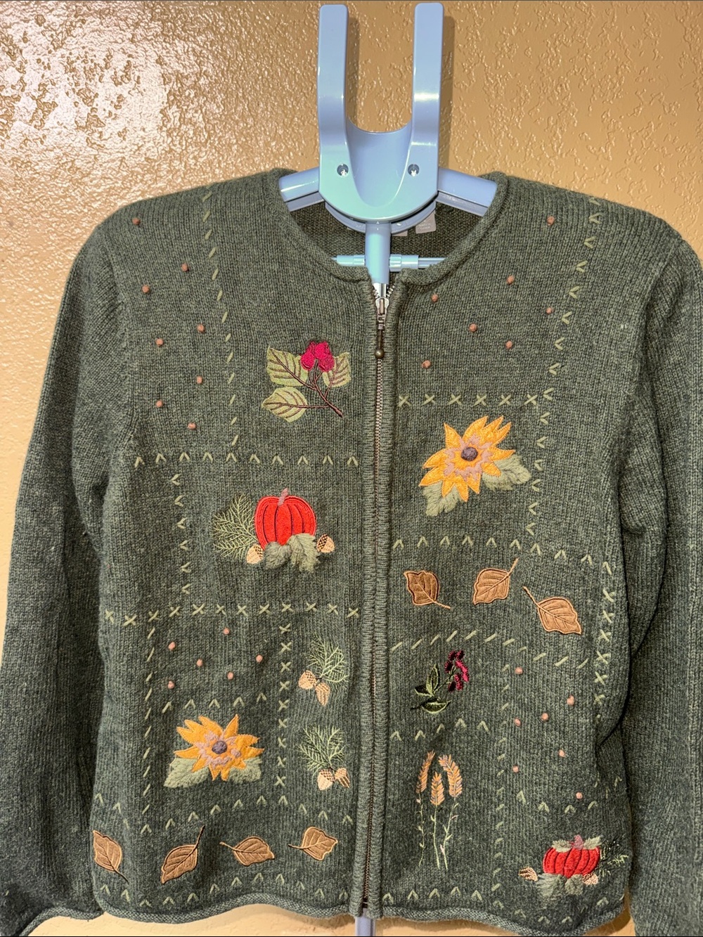 croft & barrow Olive Green Embroidered Zip Cardigan